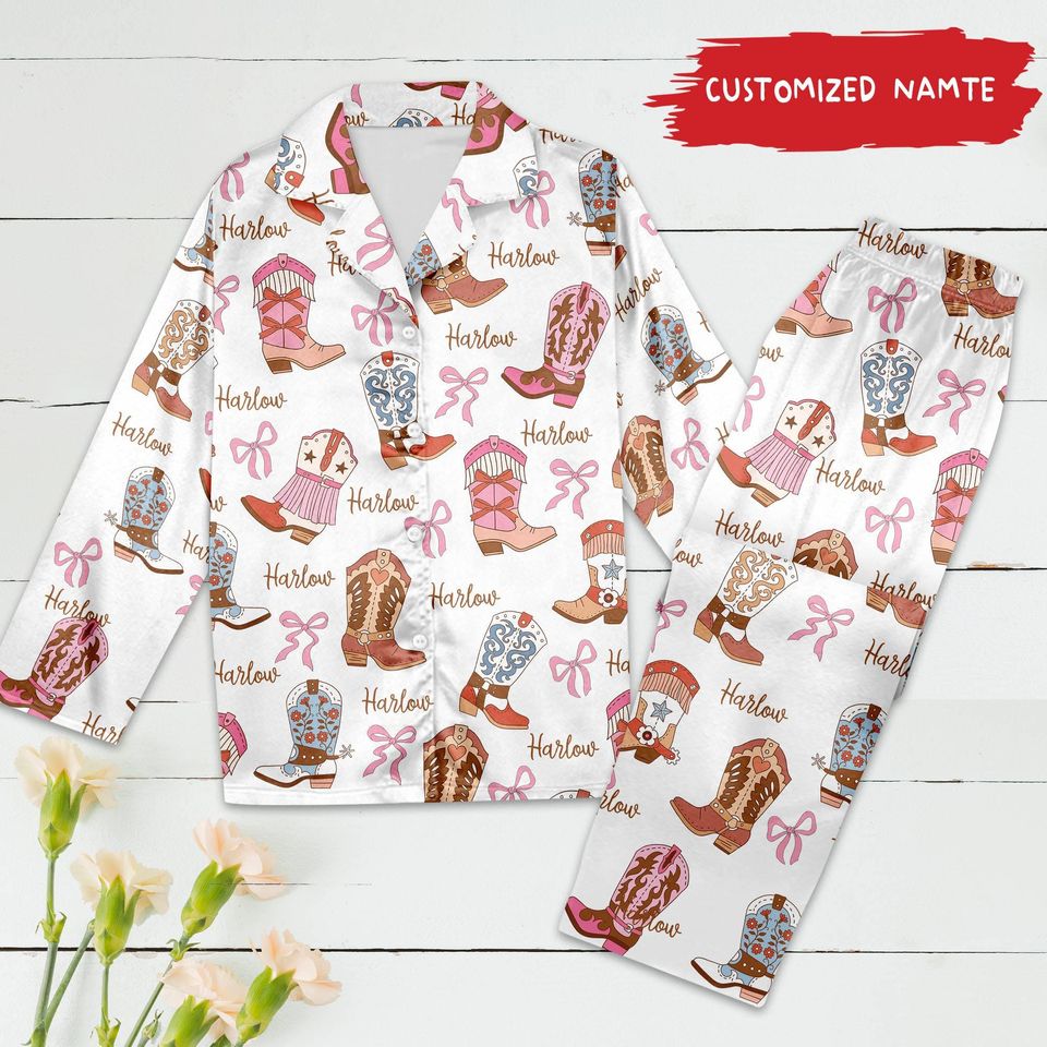 Personalized Cowboy Boots Pajamas, Customized Western Satin Pajama Set