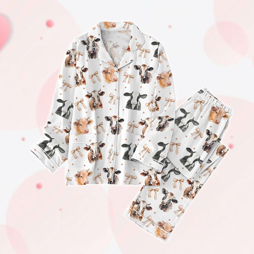 Highland Cow Coquette Pajama Set, Bows Valentine Holiday Pajamas