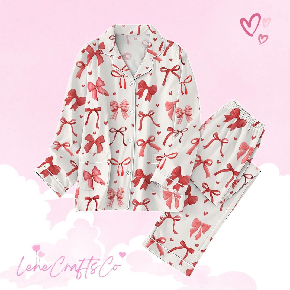 Cute Coquette Valentine'S Pajama Set, Red Coquette Bow Pajamas Set For Party