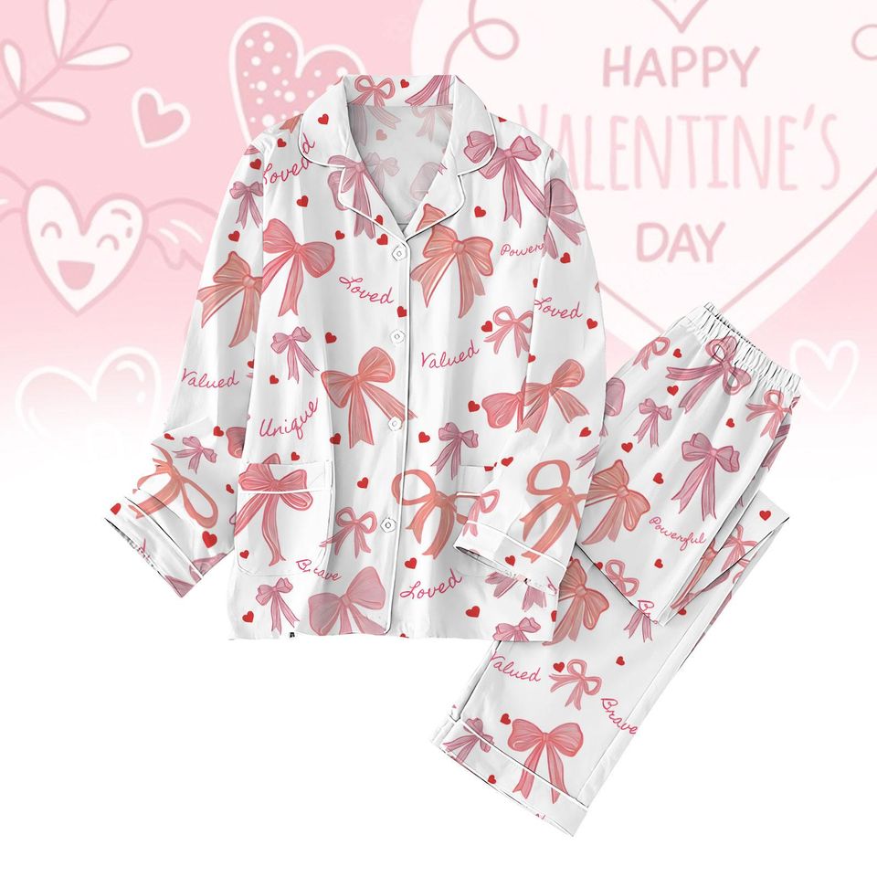 Pink Bow Valentine Pajama Set, Coquette Bows Holiday Pajamas