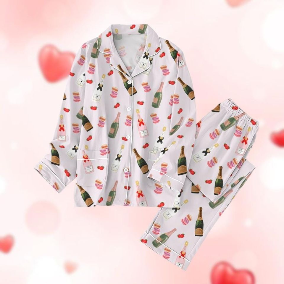Valentine Champagne Wine Pajama Set, Wine Drinker Pajamas