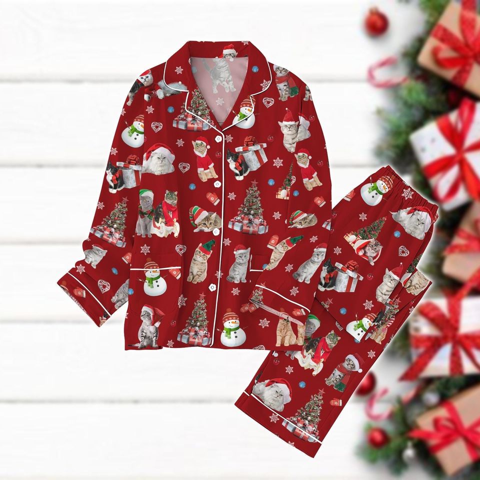 Cat Pajama Set, Santa Cat Holiday Pajamas, Meowy Catmas Pajamas