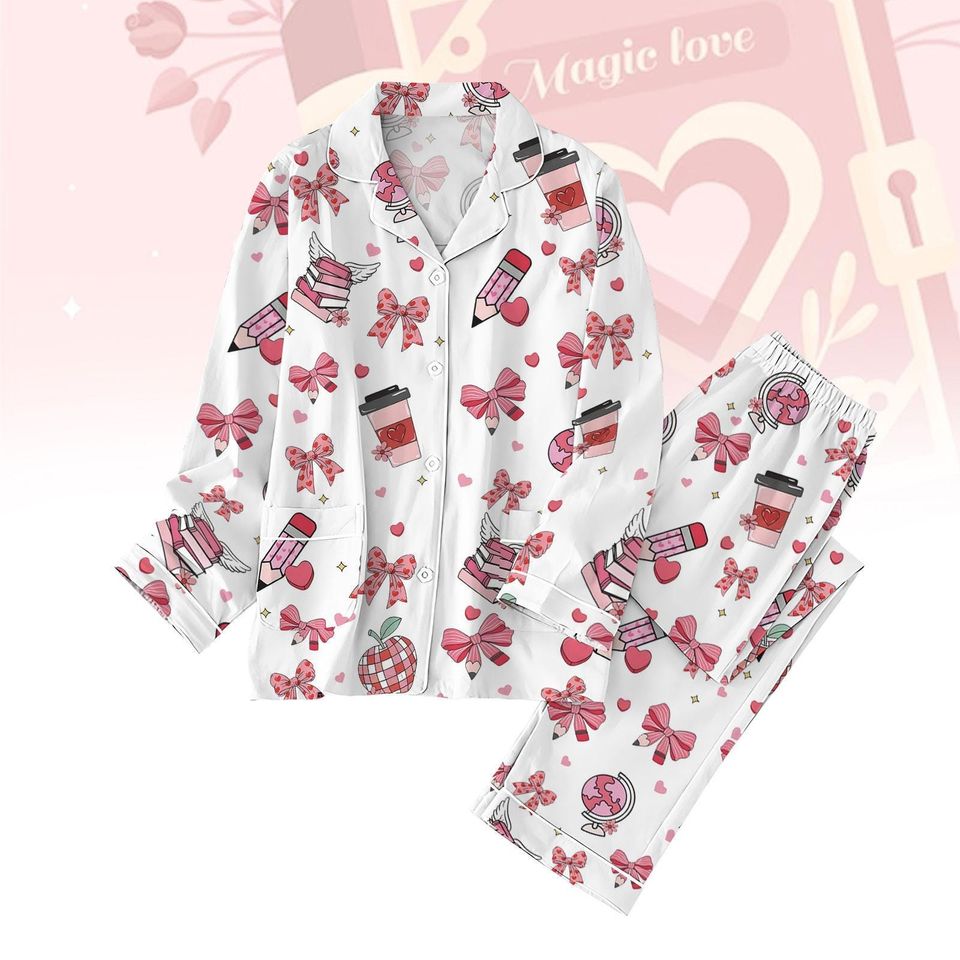 Valentine Teacher Pajama Set, Teacher Coquette Holiday Pajamas