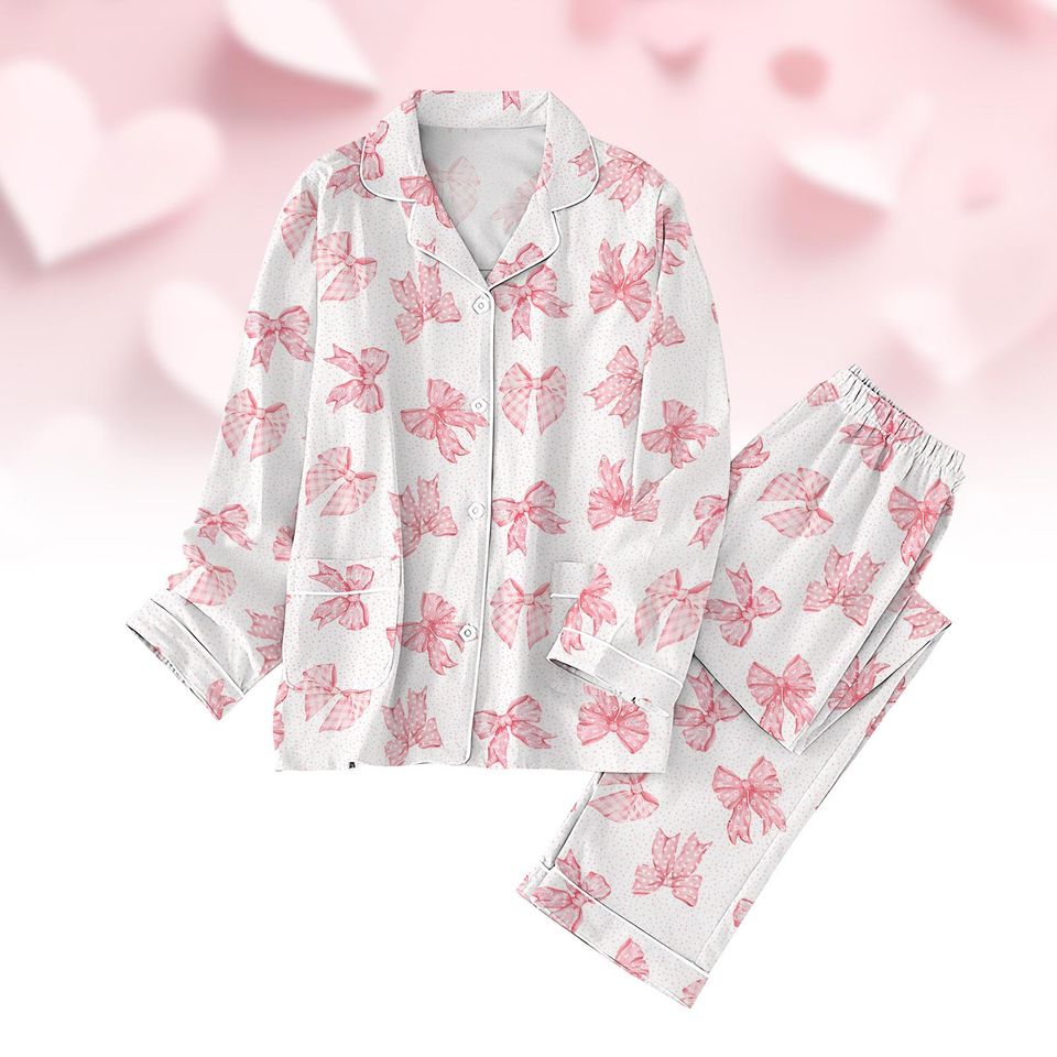 Coquette Valentines Day Pajama Set, Pink Coquette Bow Holiday Pajamas