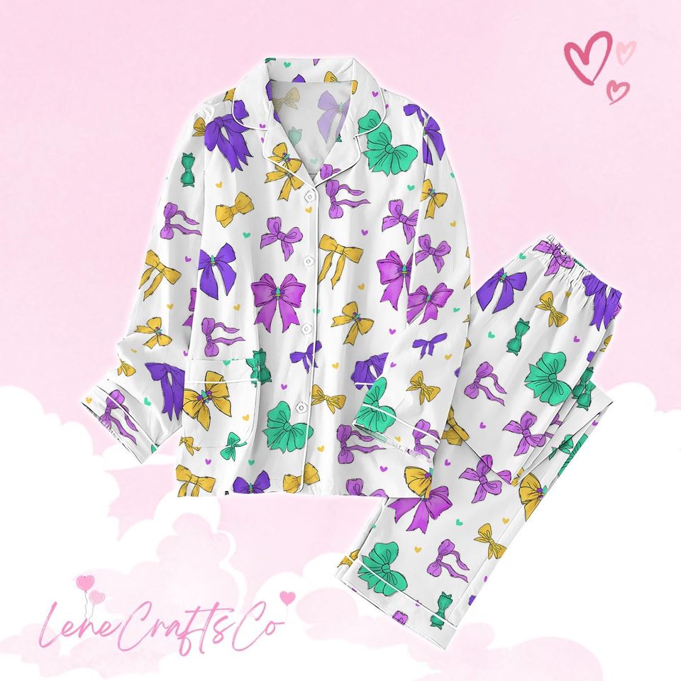 Mardi Gras Bow Thick Pajama Set, Mardi Gras Carnival Pajamas Set Women Set