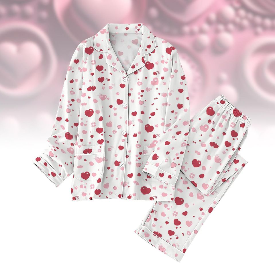 Valentines Heart Pajama Set, Coquette Valentine Holiday Pajamas