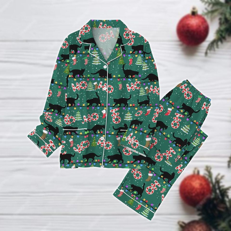 Black Cat Pajama Set, Cute Cat Holiday Pajamas, Merry Bright Lights Pajamas