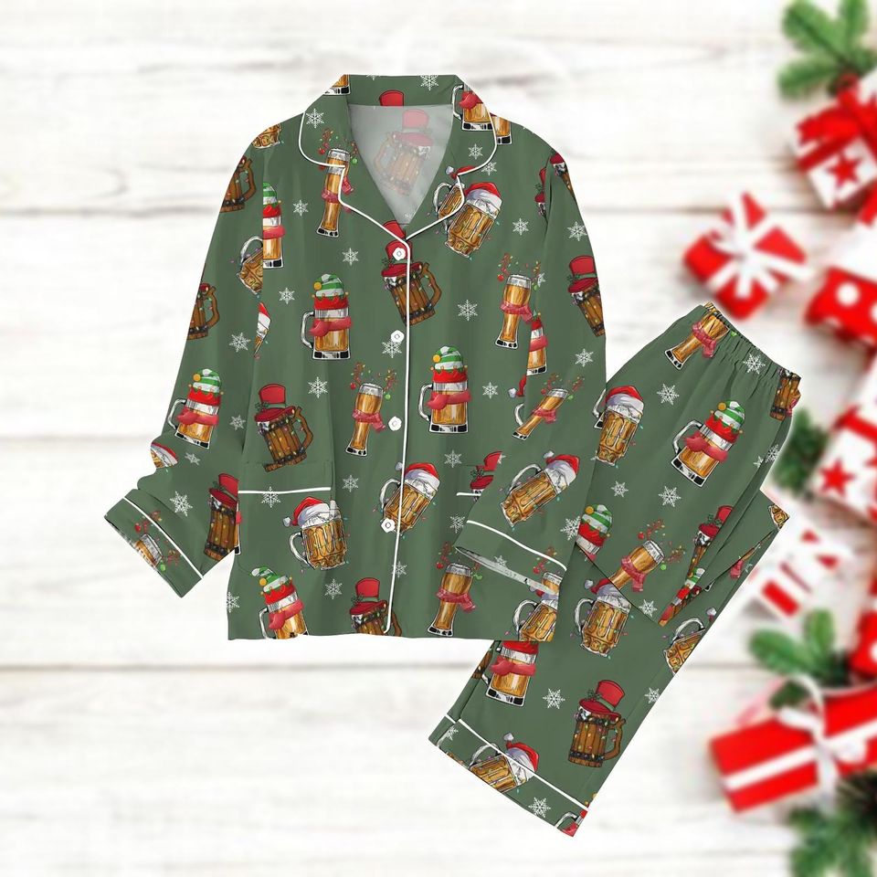 Santa Beer Pajama Set, Reindeer Santa Hat Holiday Pajamas
