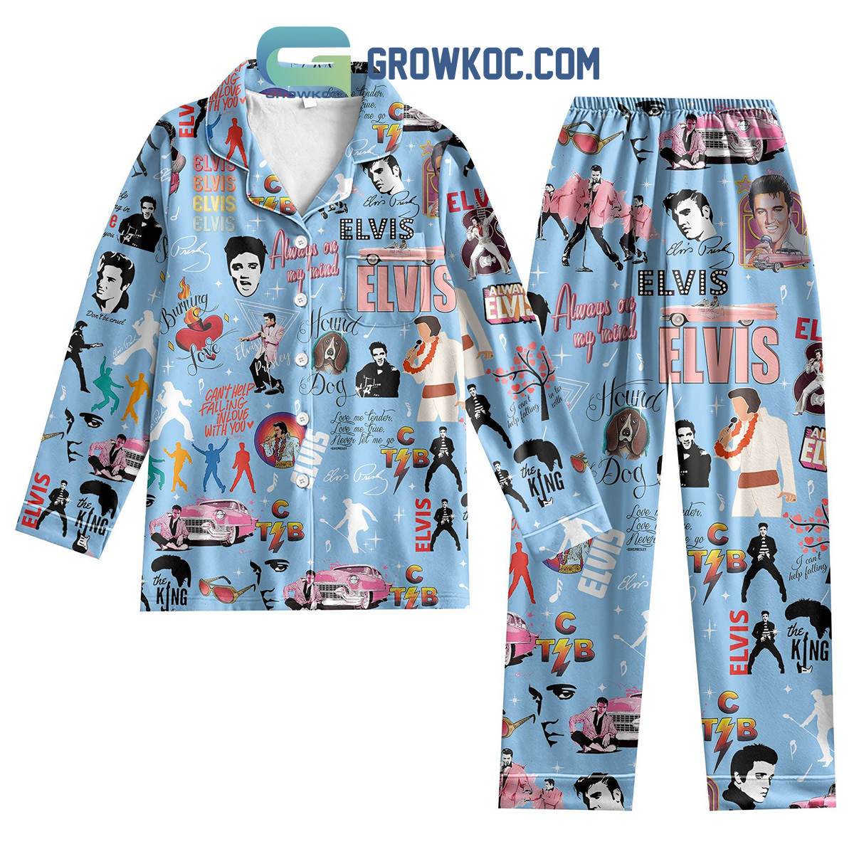 Elvis Presley King Of Rock And Roll Blue Design Can Not Help Falling In Love With You Silk Pajama Set