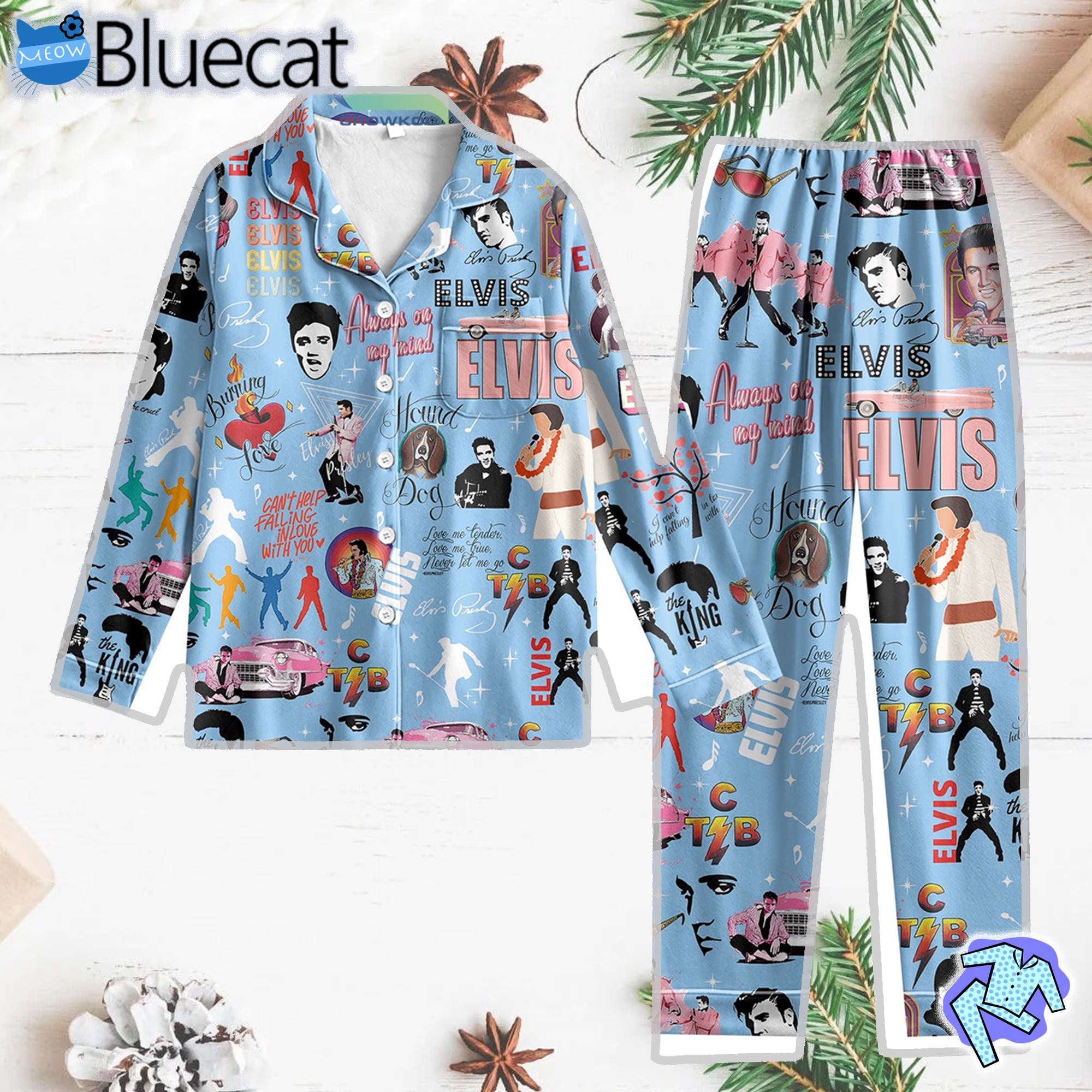 Elvis Presley King Of Rock And Roll Blue Design Can Not Help Falling In Love With You Silk Pajama Set
