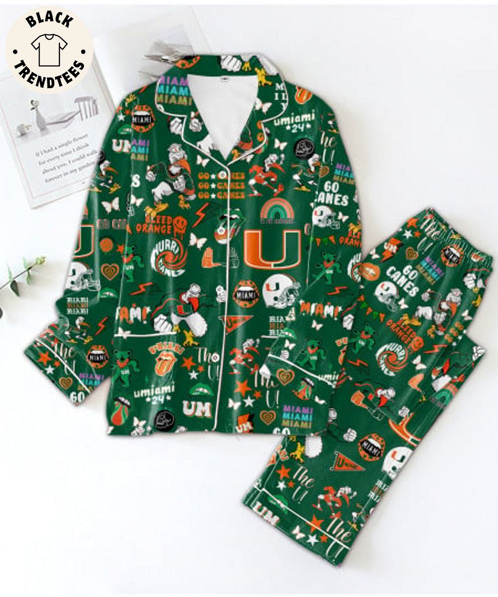 Hot Trend Go Canes U Of Miami 24 Rainbow Design Green Pajama Set