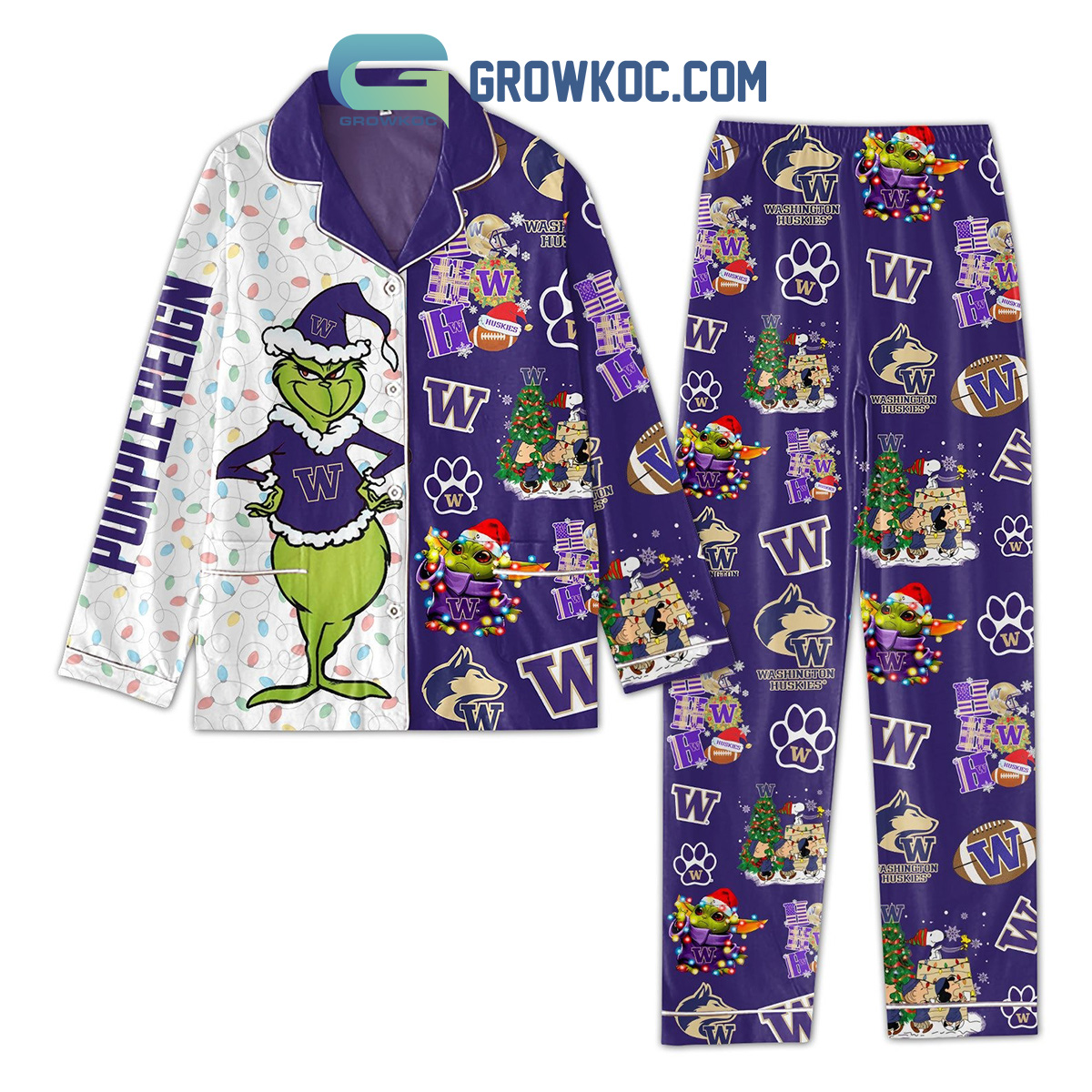 Grinch Baby Yoda Washington Huskies Uw Purple Reign Ncaa Holidays Silk Pajama Set