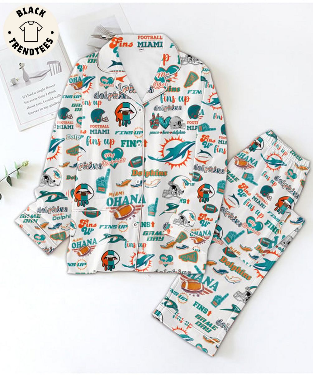 Luxury Football Miami Fins Up My Dolphins Design White Pajama Set
