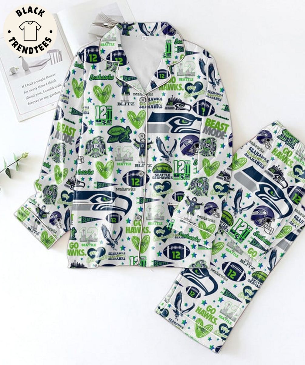 Limited Editon 2025 Seahawks Blitx 12 Seattle Mascot Design White Pajama Set