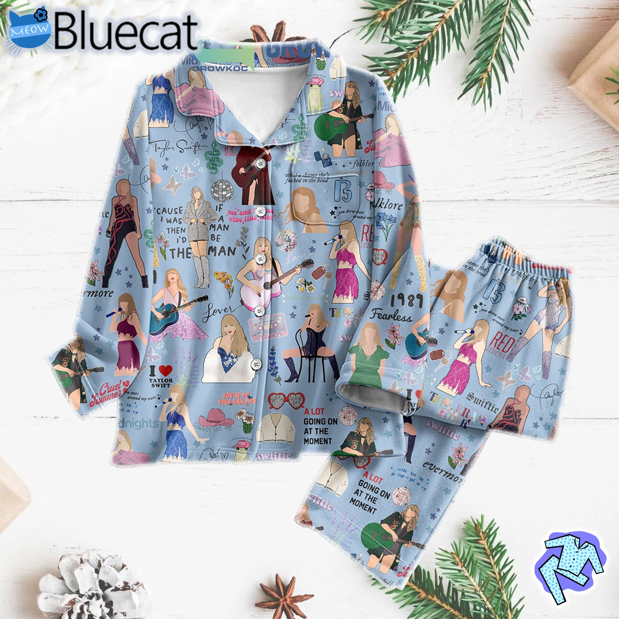 Taylor Swift Album Midnights Fearless 1989 Folklore Cowboy Like Me Cruel Summer Blue Design Silk Pajama Set