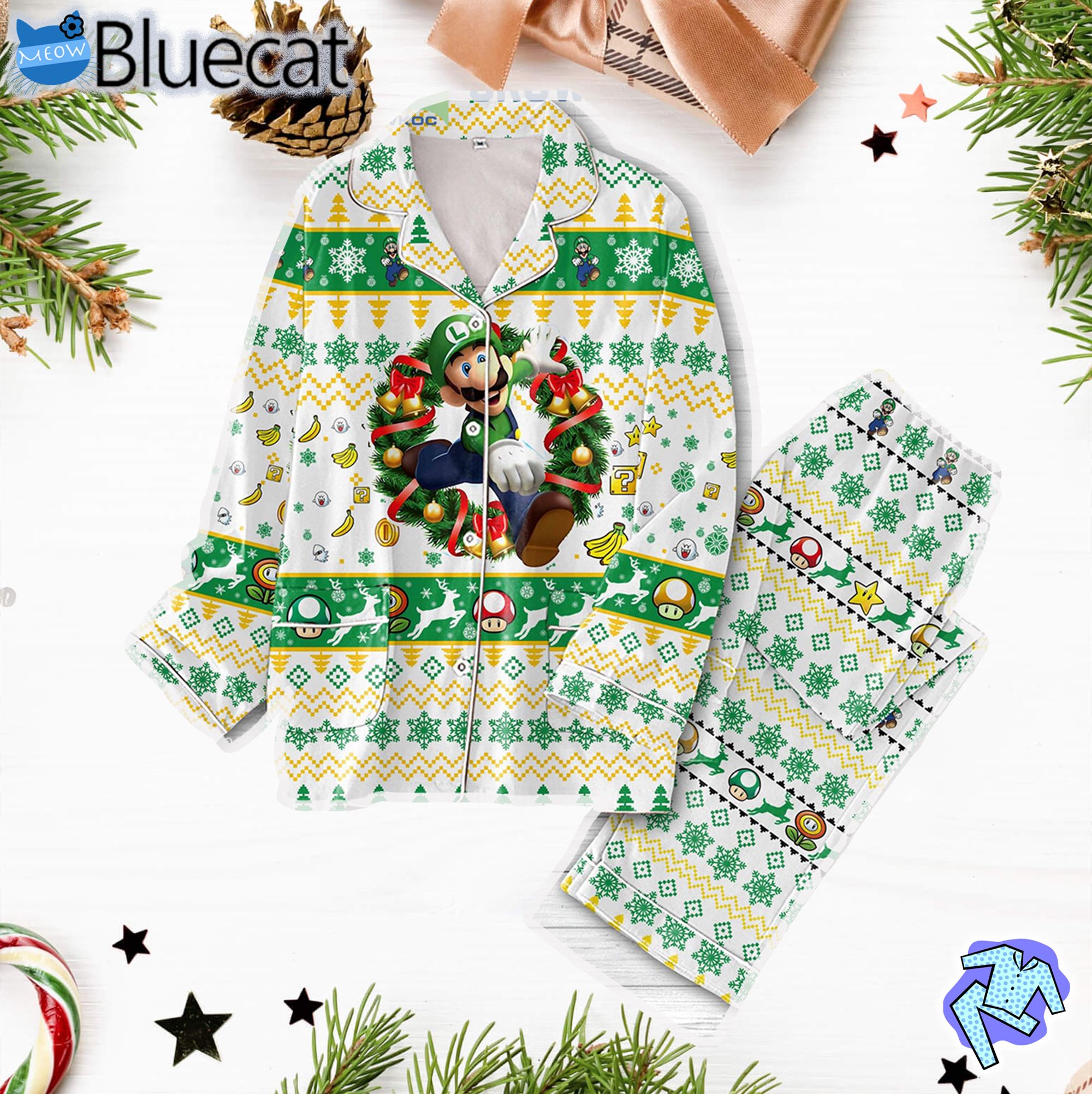 Super Mario Bros Video Game Movies Luigi Mario Wreath Silk Pajama Set