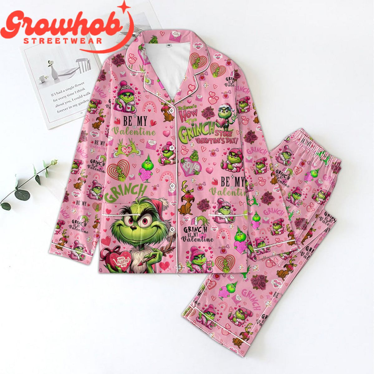 The Grinch Be My Valentine Pink Polyester Pajama Set