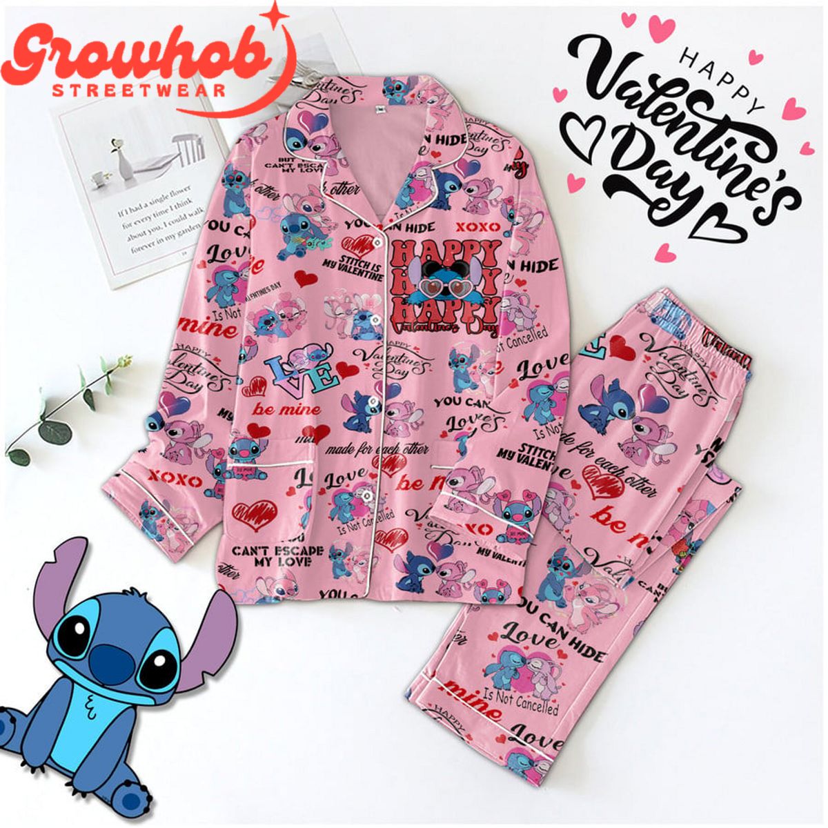 Stitch Angle Valentine Day Polyester Pajama Set