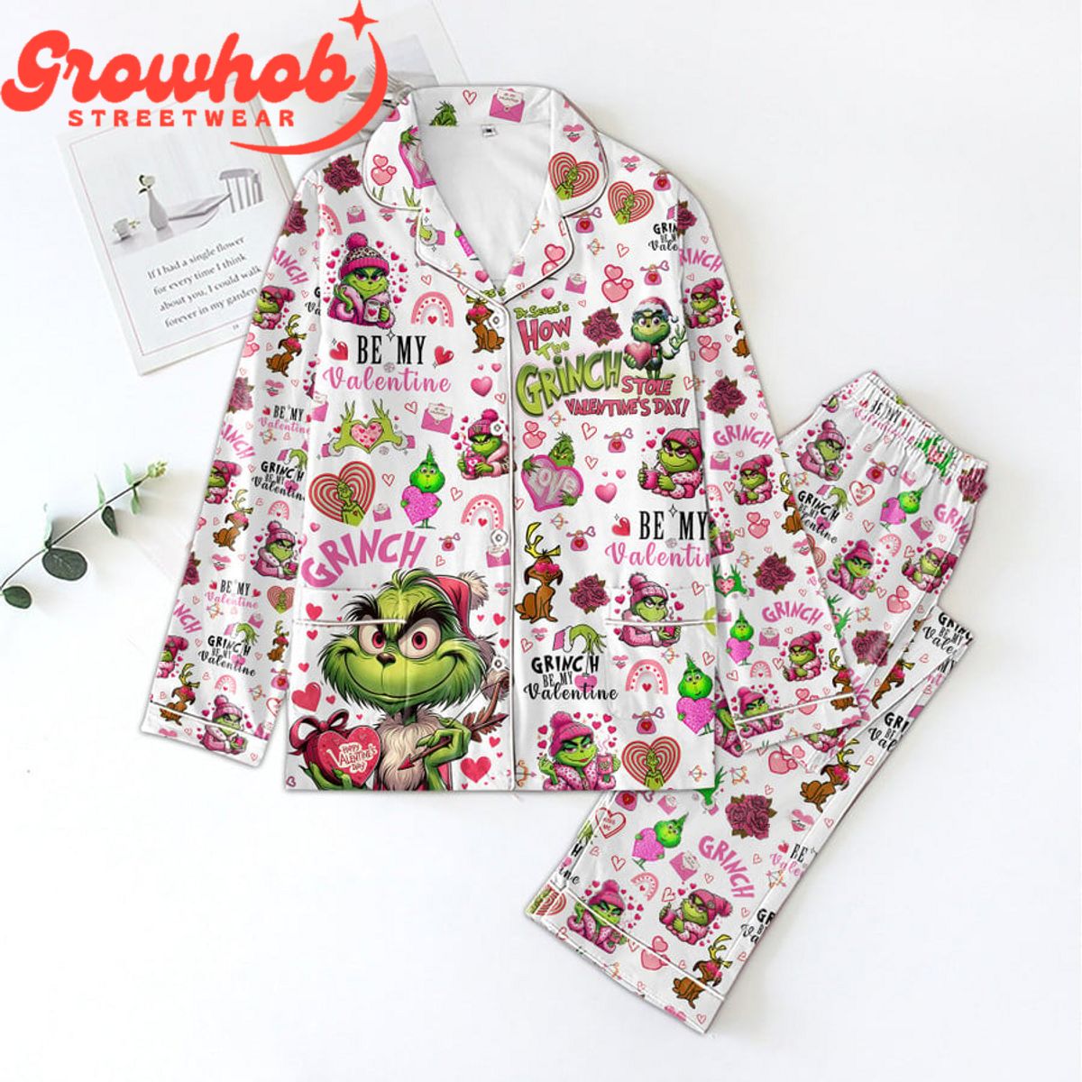 The Grinch Be My Valentine White Polyester Pajama Set