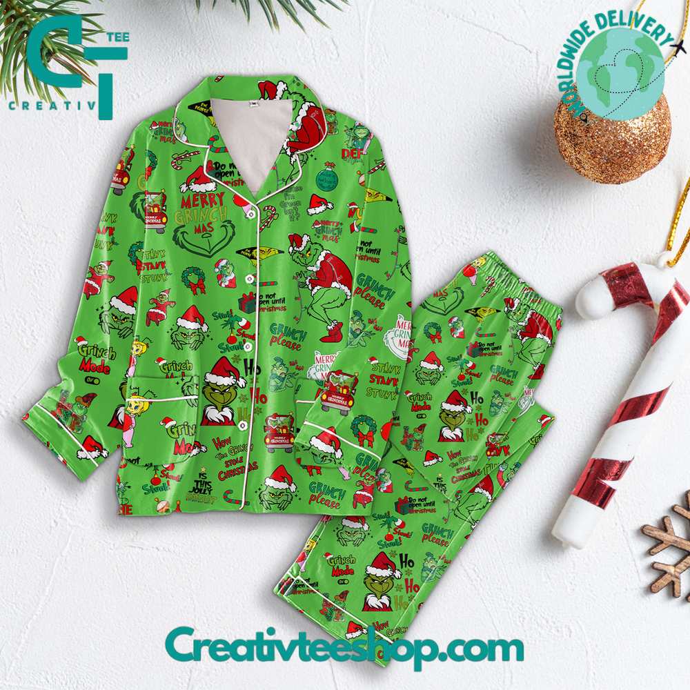 The Grinch Ho Ho Ho Button Down Long Sleeve Or Short Sleeve Pyjama Pajama Set Set With Pants Hg