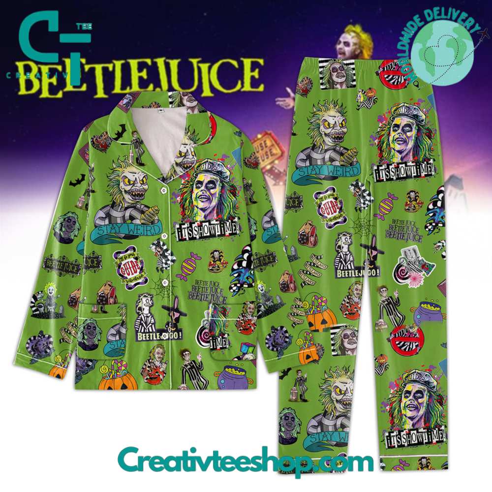 Beetlejuice Stay Weird Green Button Down Long Sleeve Or Short Sleeve Pyjama Pajama Set Set With Pants Hg