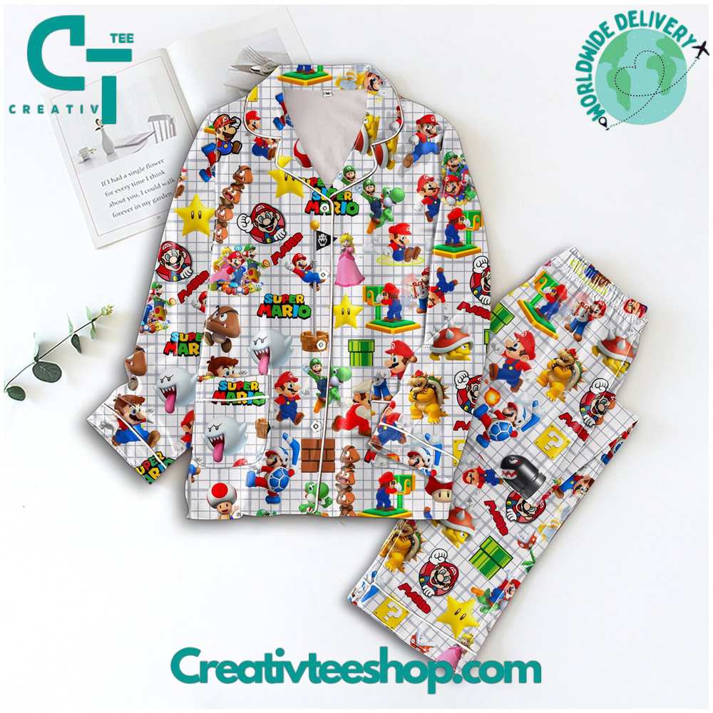 Super Mario Playing Game Button Down Long Sleeve Or Short Sleeve Pyjama Pajama Set Set With Pants Hg