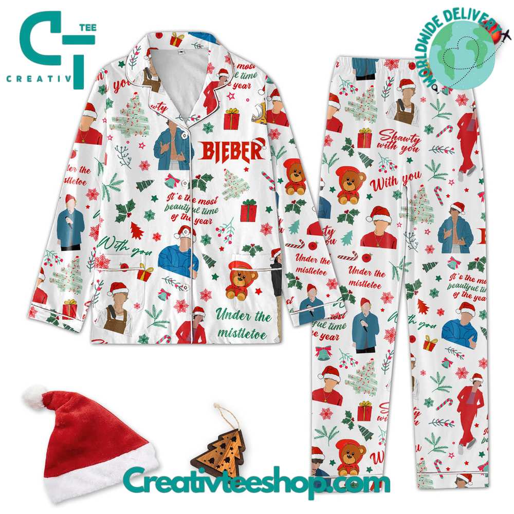 Justin Bieber Under The Mistletoe Button Down Long Sleeve Or Short Sleeve Pyjama Pajama Set Set With Pants Hg