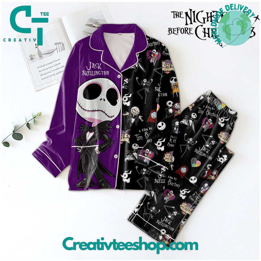 Jack Skellington The Nightmare Before Button Down Long Sleeve Or Short Sleeve Pyjama Pajama Set Set With Pants Hg
