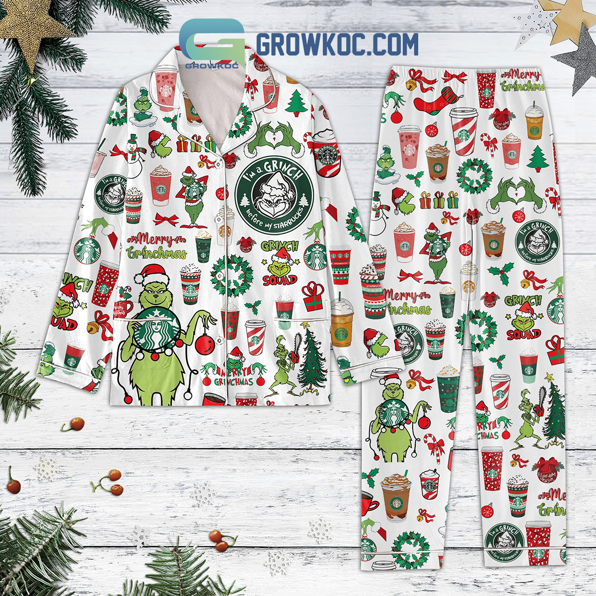Grinch Starbucks Coffeeholic Polyester Family Matching Pajama Set Gifts Hg White Version