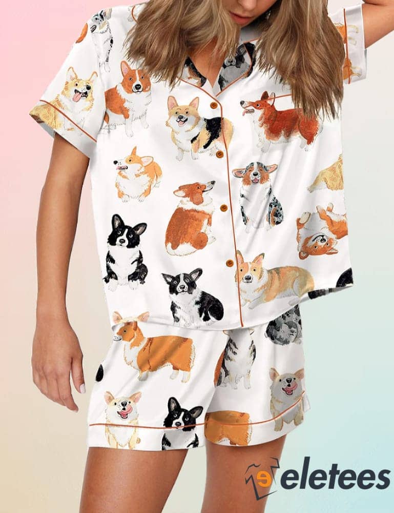 Corgi Print Long Sleeve Or Short Sleeve Pyjama Pajama Set Set With Pants Hg