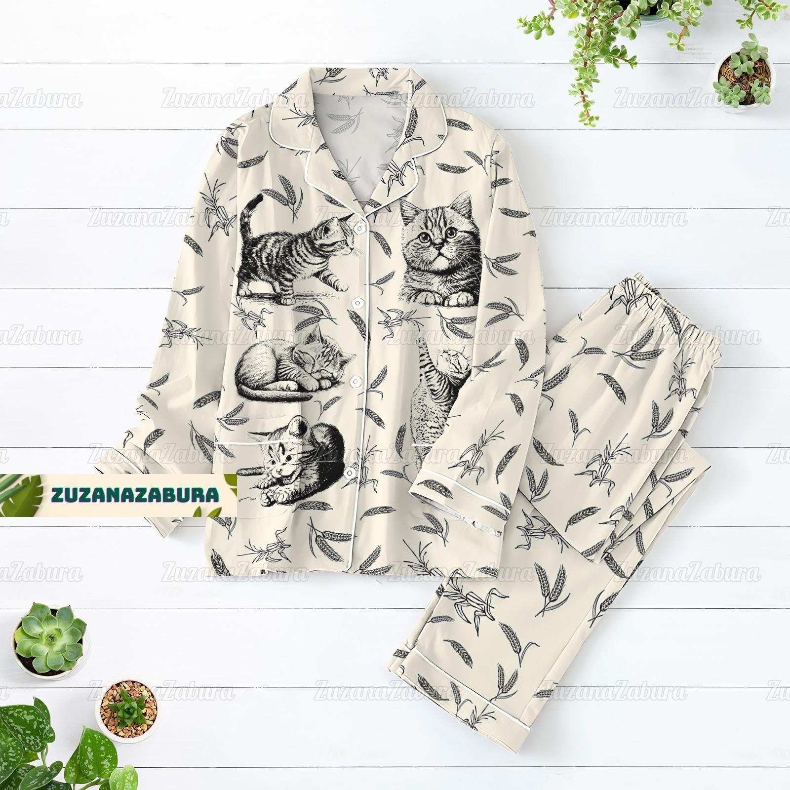 Cat Long Sleeve Or Short Sleeve Pyjama Pajama Set