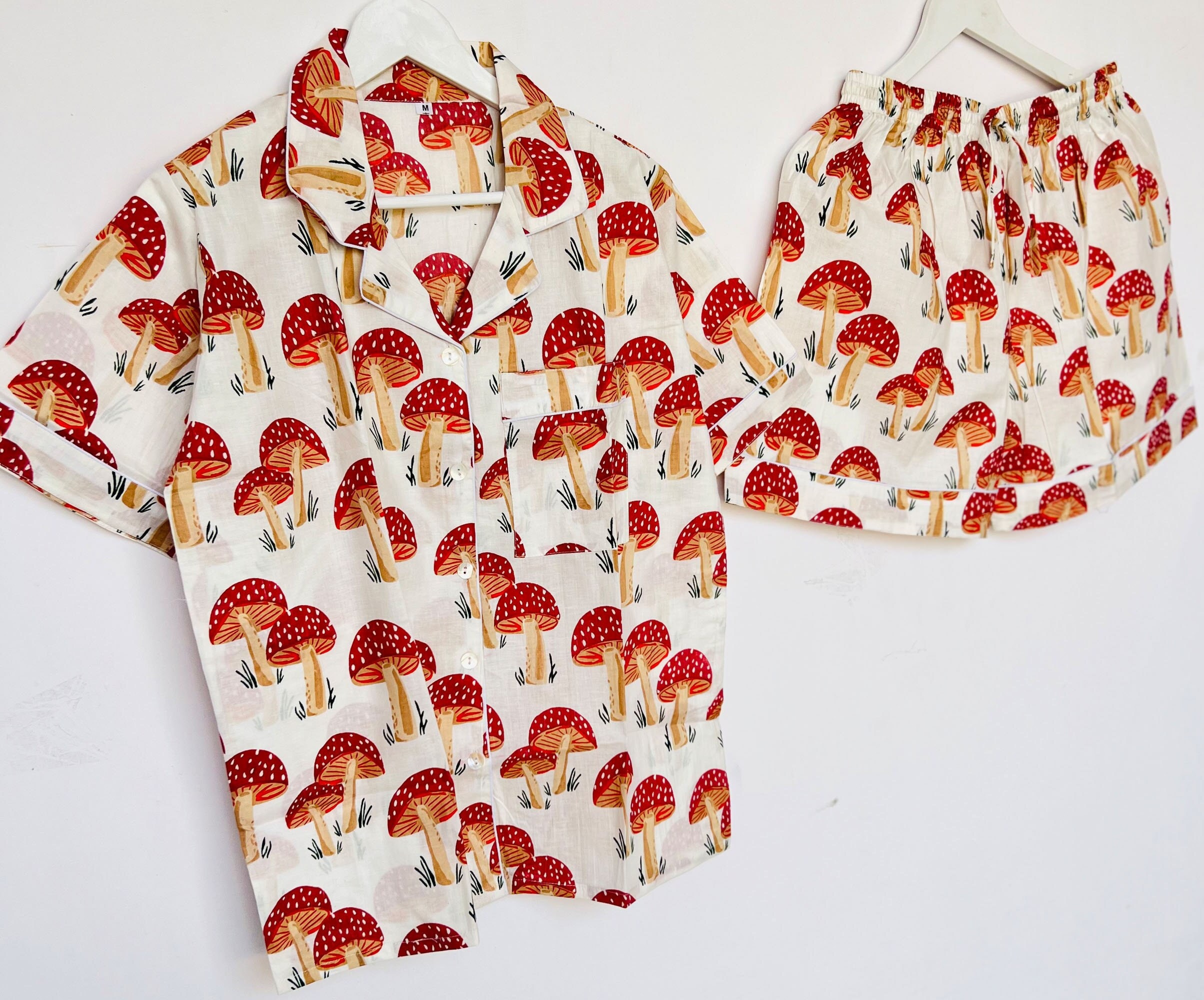 Mushroom Print Pajamas Set Short Indian Soft Cotton Pj Set Nightwear Dress Bridesmaid Proposal Gift For Her Hg