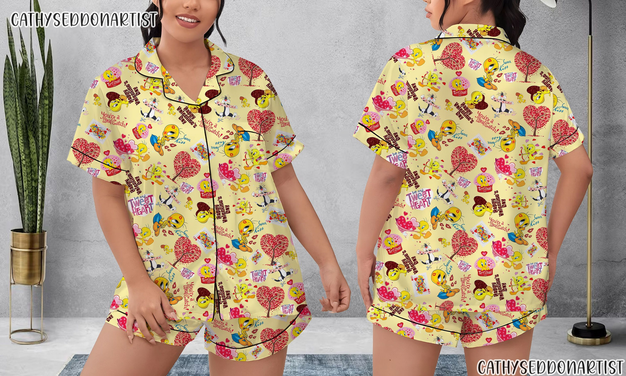 Tweety Bird Tweety Bird Holiday Women Sleepwear Long Sleeve Or Short Sleeve Pyjama Pajama Set With Pants Hg