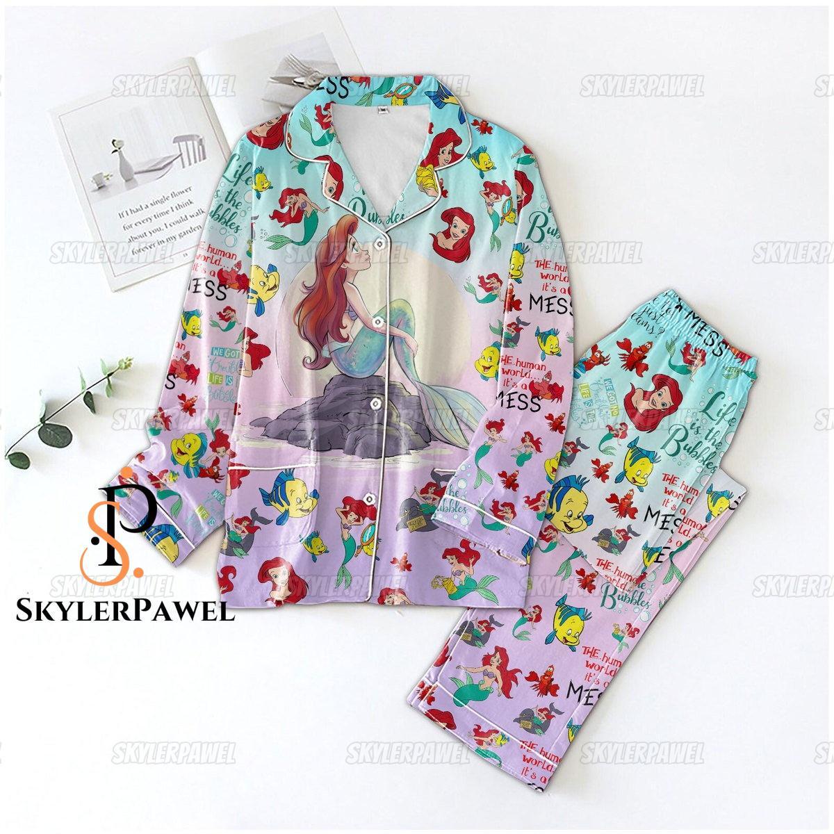 The Little Mermaid Long Sleeve Or Short Sleeve Pyjama Pajama Set