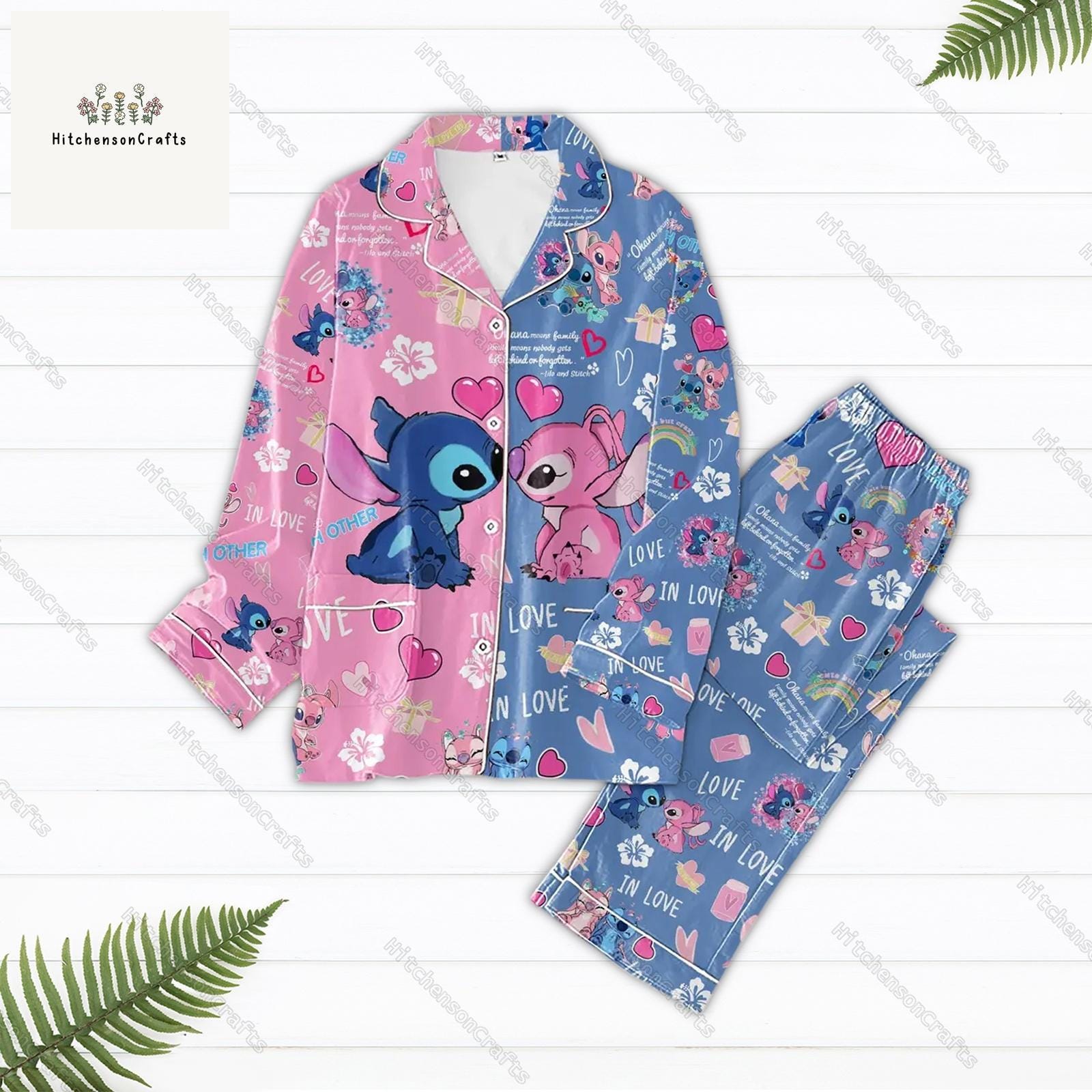 Stitch And Angel Long Sleeve Or Short Sleeve Pyjama Pajama Set