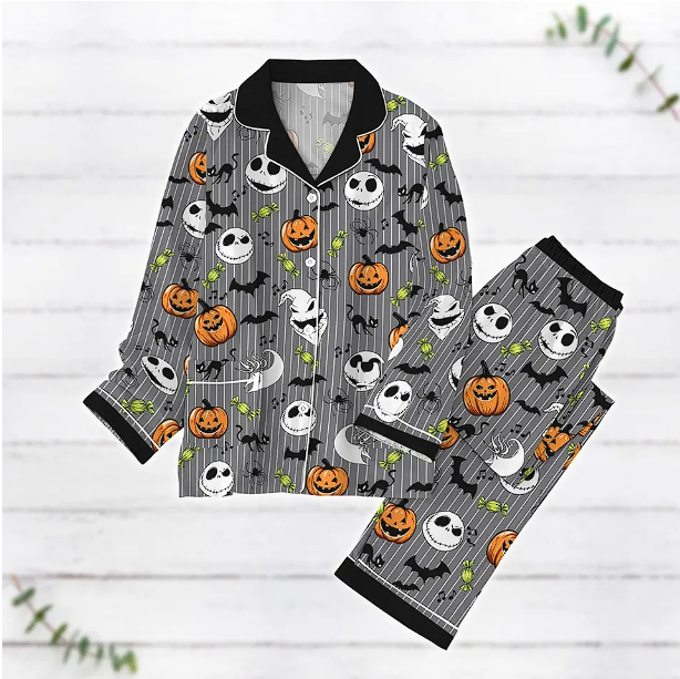 Halloween Pajamas, Jack Skellington Pajama Set, Horror Movie Women Pajama Qdh Long Sleeve Pyjamas