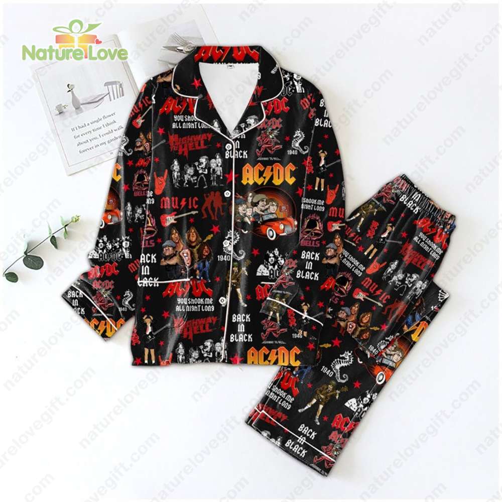 Band Play Guitar Acdc Pyjama Pajama Set Nva Black In Black Rock And Roll Pjs