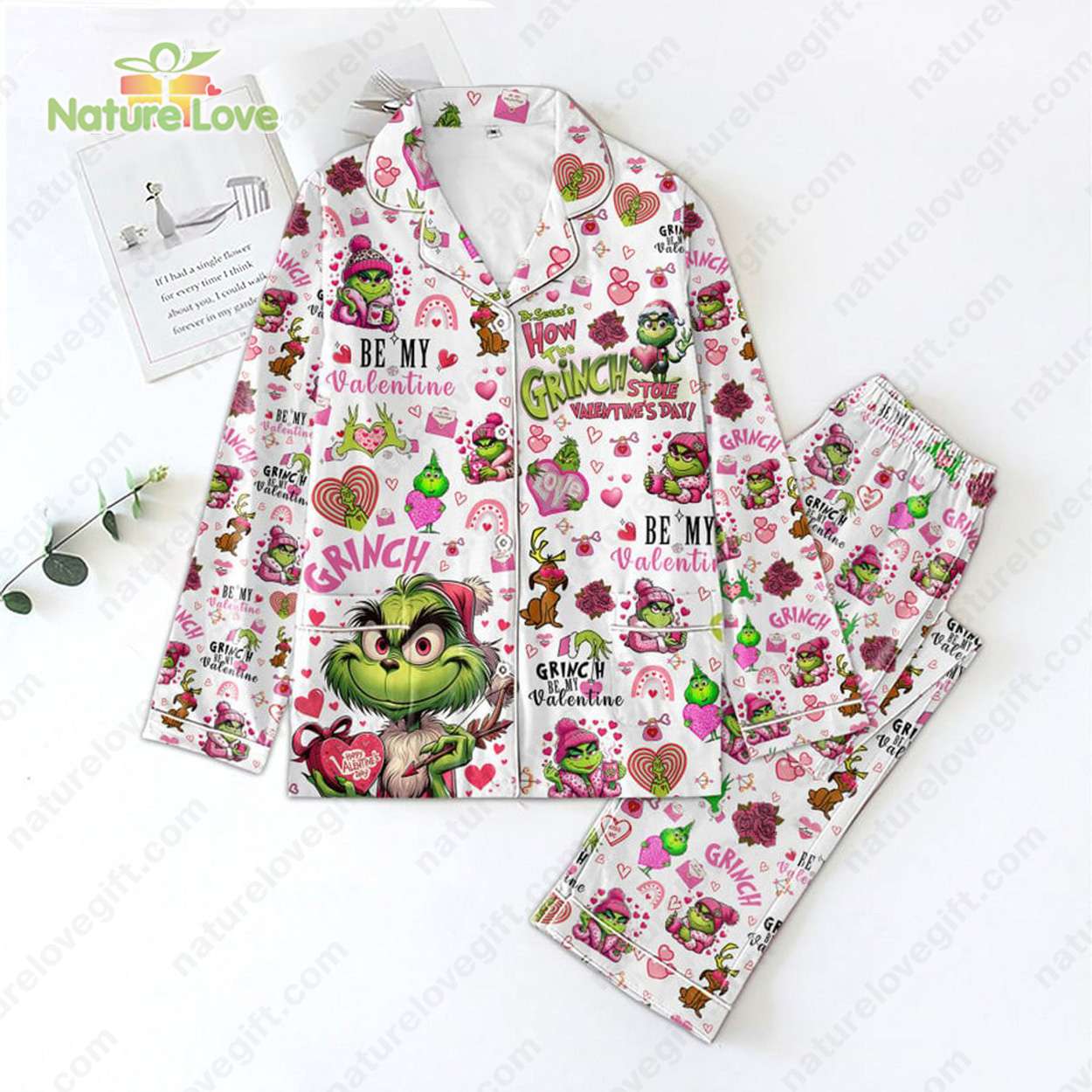 Be My Valentine The Grinch Heart Funny Pyjama Pajama Set Nva