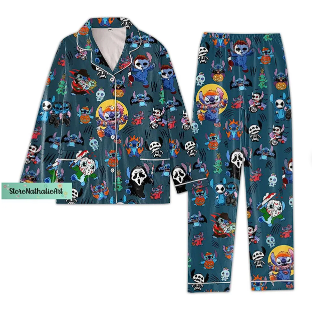 Horror Movie Pajama Set, Ghostface Women Pajamas, Stitch Thick Pajama Qdh Long Sleeve Pyjamas