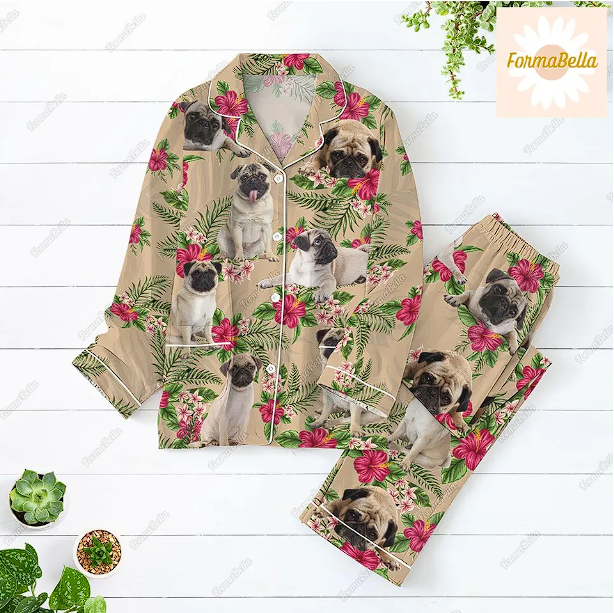 Halloween Pug Pajama Set, Pug Pajama Pants, Dog Lover Pajamas, Qdh Long Sleeve Pyjamas