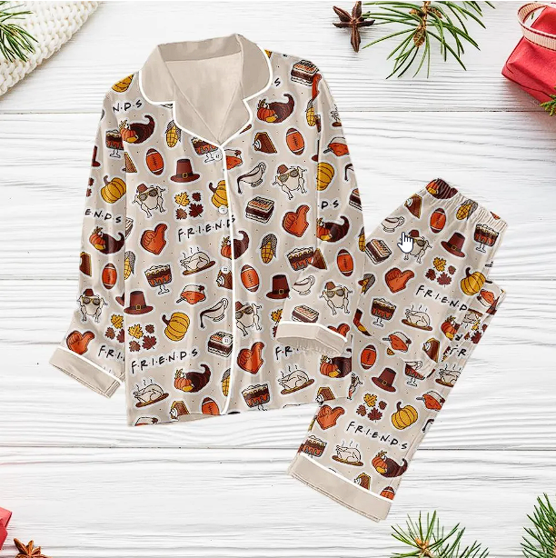 Friends Pajama Set, Thanksgiving Women Pajamas, Autumn Vibe Pajama Set Qdh Long Sleeve Pyjamas