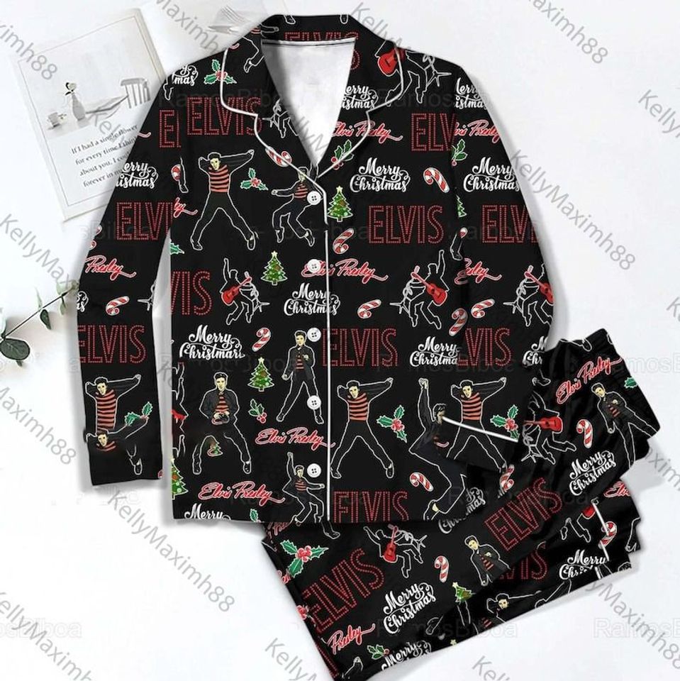 Elvis Presley Satin Pajama Set Rock And Roll Pajama Falling In Love With You Gift For Family Sleepwear Nva