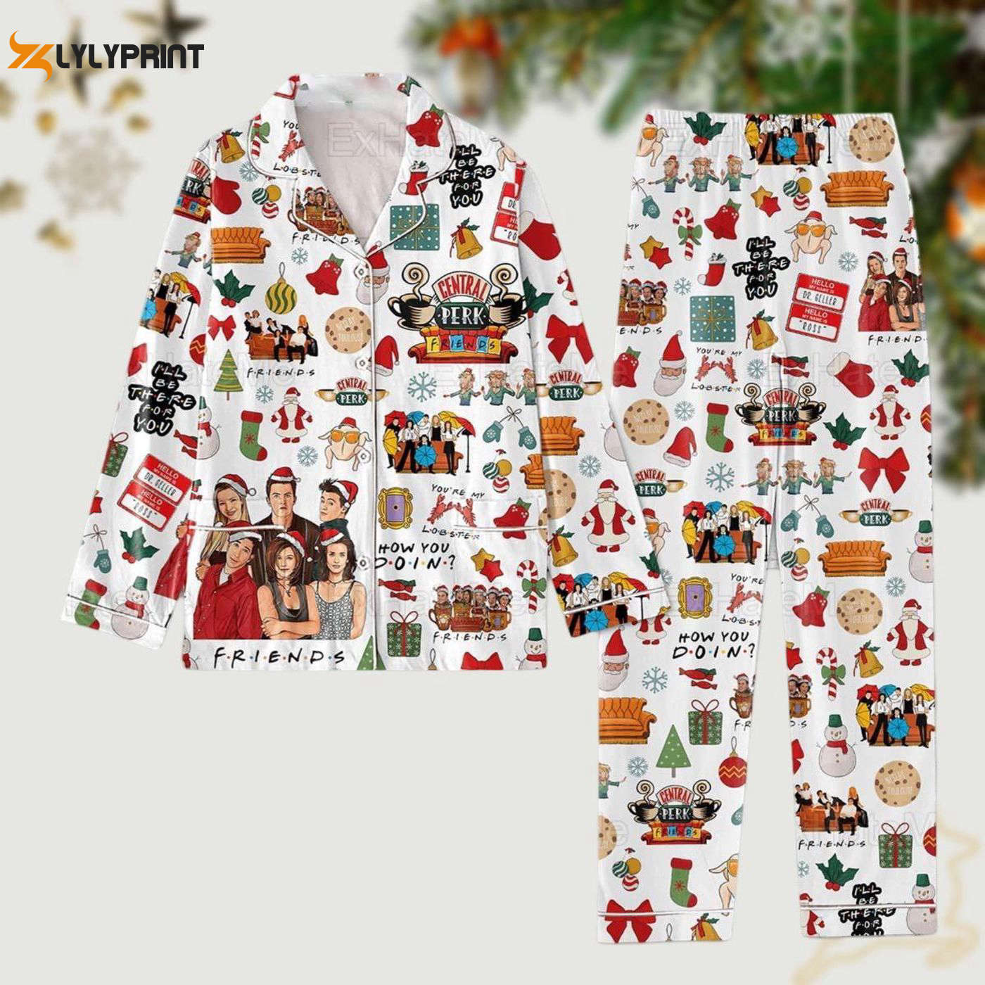 Cozy Friends Pajama Set With Central Perk & Lobster Design Perfect Tv Show Pj Set! Nva