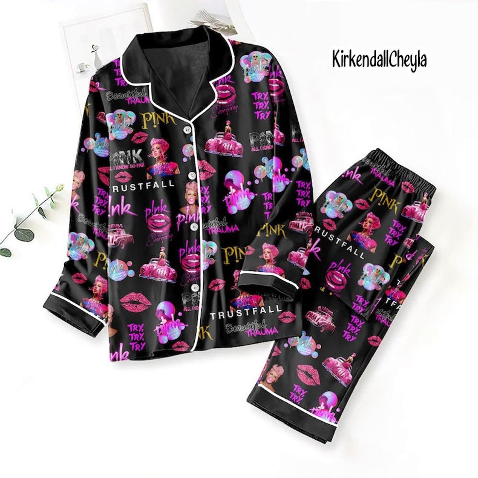 P!Nk Pink Button Down Pajama Set Pink Singer Womens Pajama Gift For Family Sleepwear Nva