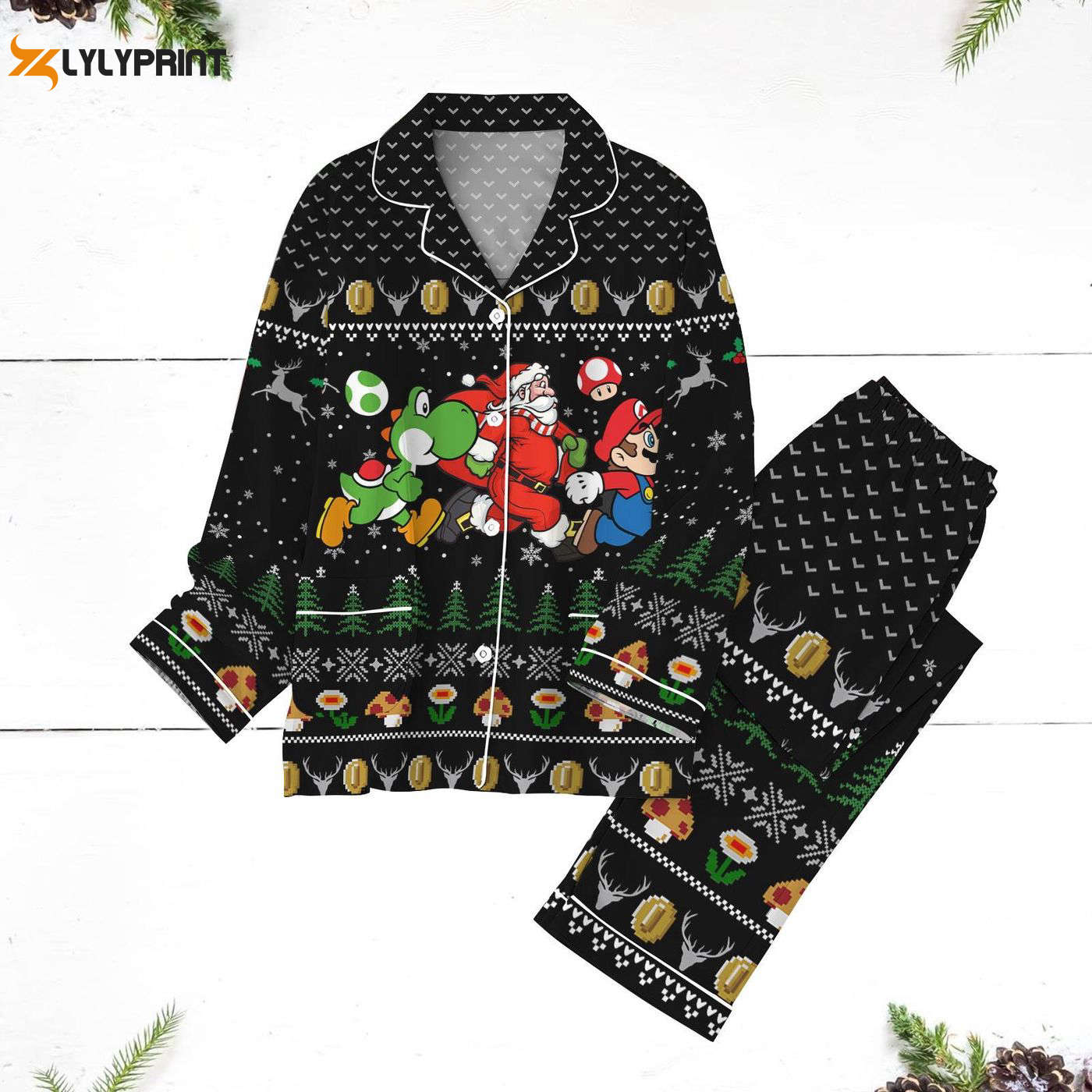 Super Mario Bros Xmas Pajama Set Mario Characters Peach Yoshi & Santa Perfect Gift For Gamers