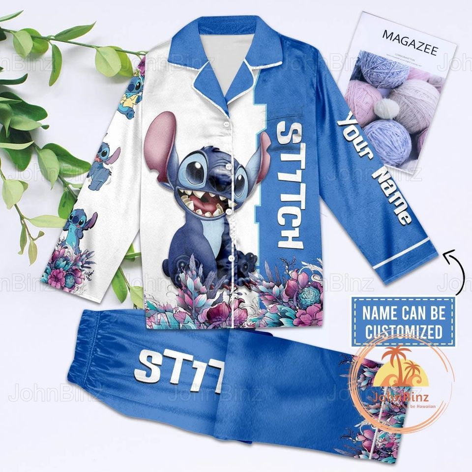 Stitch Pajama Set Custom Stitch Pajama Cute Stitch Pajama Stitch Floral Pattern Pajama Gift For Family Sleepwear Nva