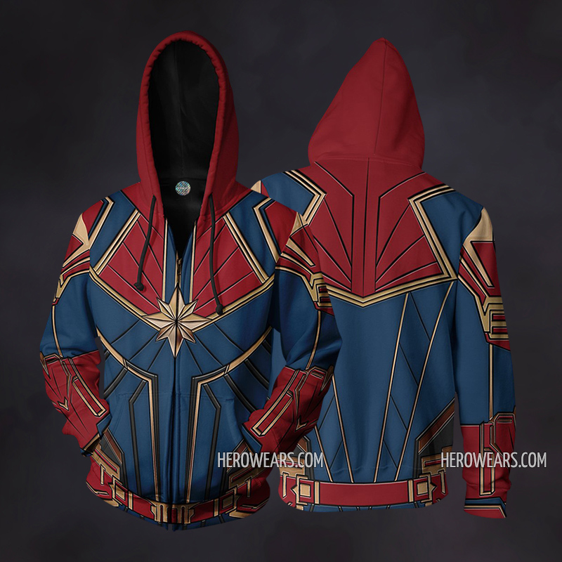 Captain Marvel Halloween Red Navy Cosplay Costume Zip Up Hoodie