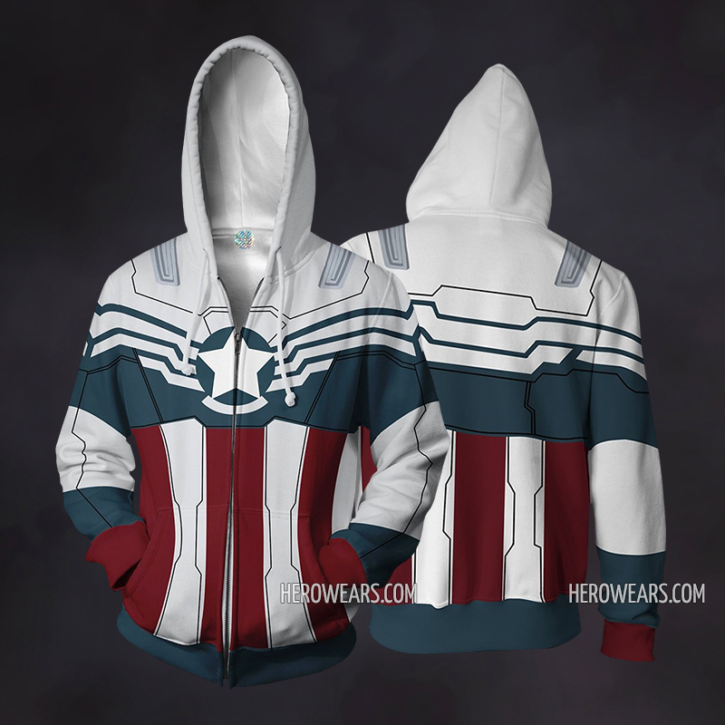 Captain America Sam Wilson Cosplay Costume Zip Up Hoodie