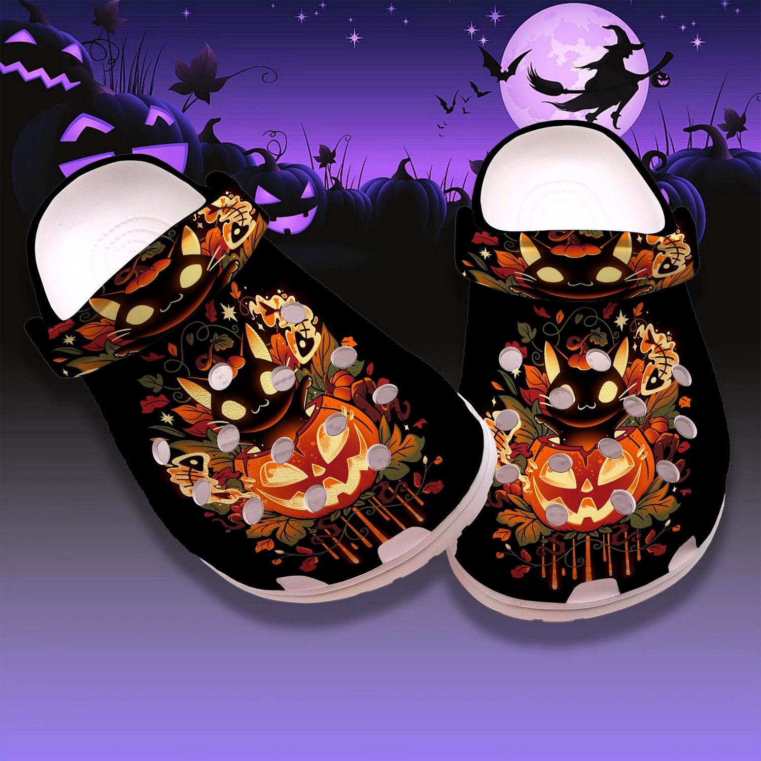 Anime Cat And Pumpkin Happy Halloween Custom Name Crocs For Men And Women
