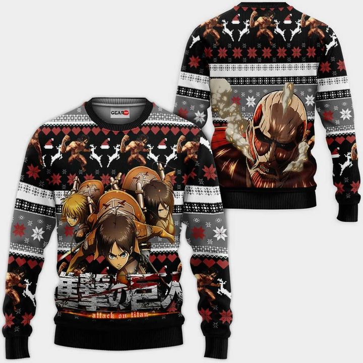 AOT Squad Ugly Christmas Sweater Pullover Hoodie Custom Anime Attack On Titan Xmas Gifts